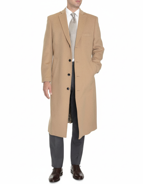 Mens Overcoat -Mens Long Wool Topcoats- Topcoat For Men-Men's Dress Coat Tan 4 Buttons Full Length Wool Cashmere Blend Overcoat Top Coat