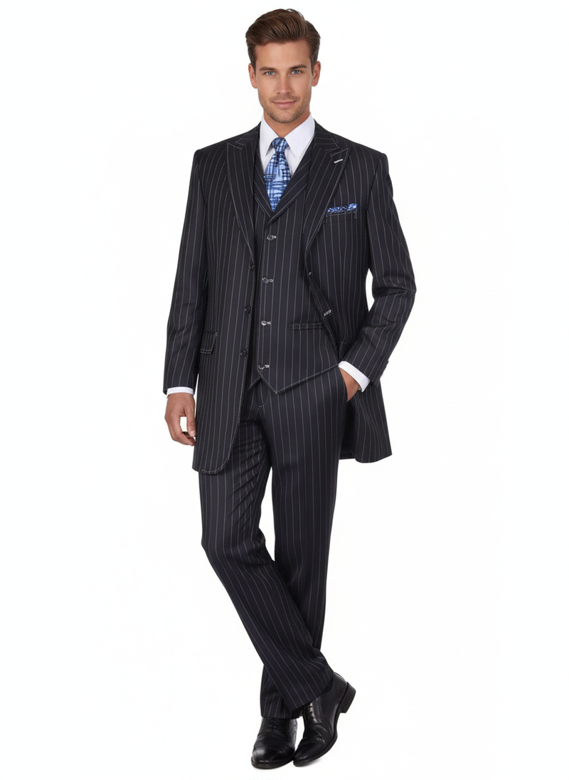Men's navy pinstripe suit: three-button jacket, vest, trousers. Tailored fit, fine vertical stripes, structured lapels. Classic, sophisticated style.