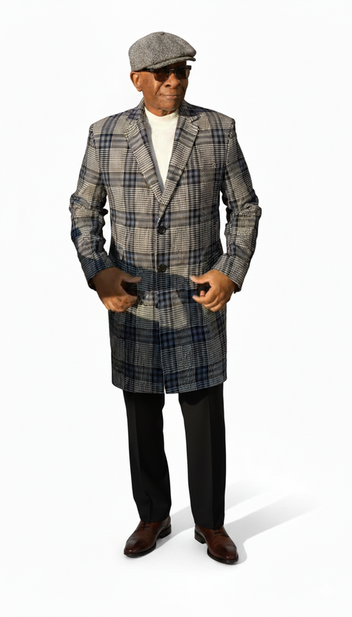 Overcoat - With Blue Plaid Pattern Coat - Wool Fabric Topcoat