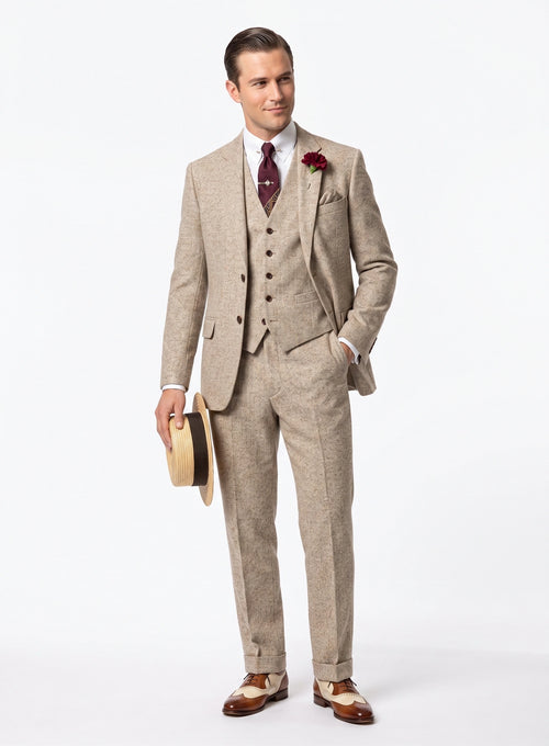 Men’s Light Tan Tweed Great Gatsby 3 Piece Suit – Vintage Vested Wedding Suit, 1920s Classic Formal Outfit Herringbone