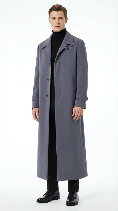 Alberto Nardoni men's charcoal grey overcoat. Full-length, straight silhouette with notched collar and button closure. Smooth, uniform fabric. Features side pockets and rolled cuffs.