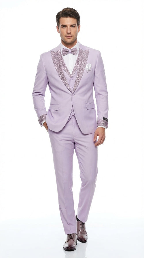 Men’s Lilac Suit with Silver Glitter Sequin Lapel – Lilac and Silver Formal Tuxedo Suit for Prom, Wedding Lavender Tuxedo