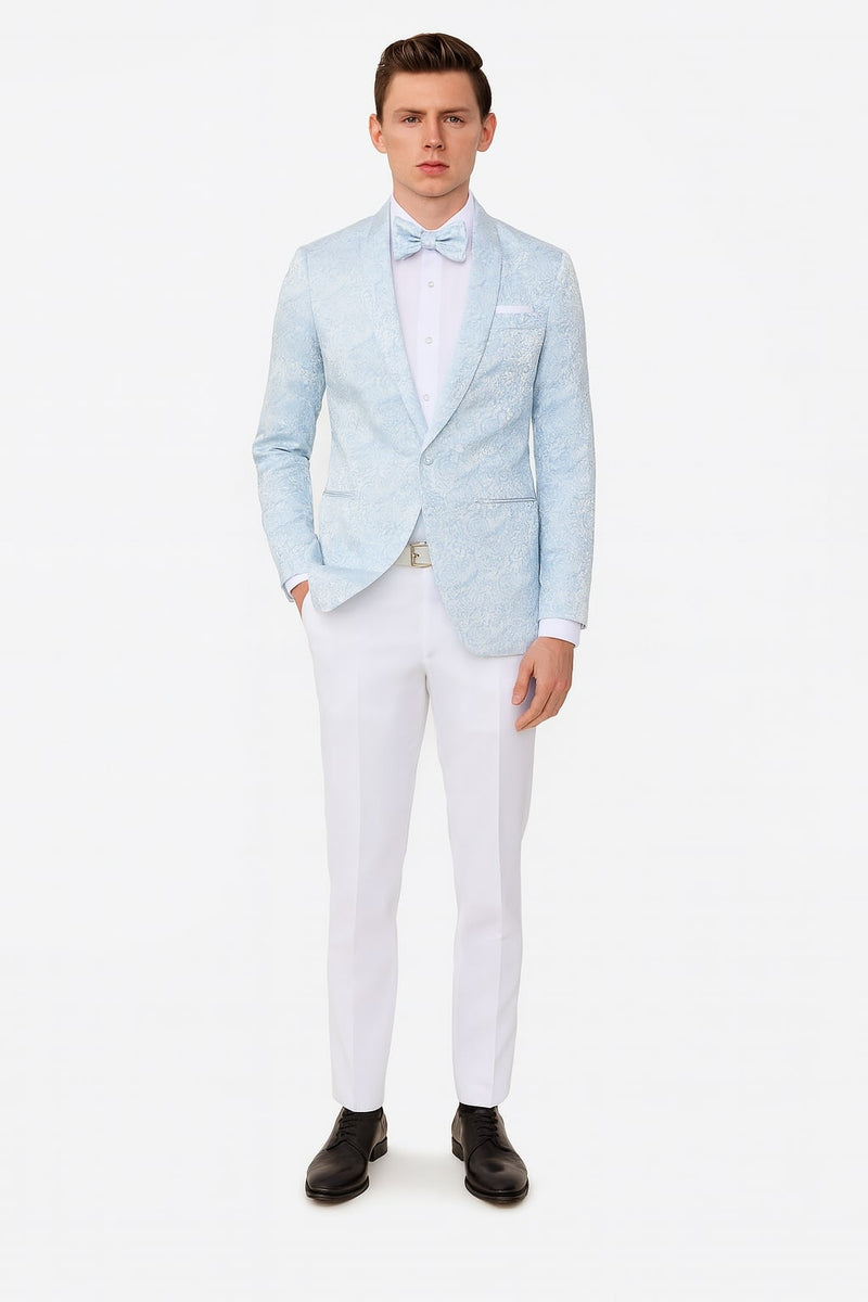 Light blue paisley tuxedo jacket with a floral pattern, fitted silhouette, and matching bow tie. Features a single-button closure, notch lapel, and tailored long sleeves, enhancing its formal look.