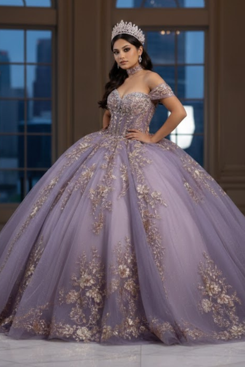 QuinceaƱera Ball Gown Off Shoulder Glitter Tulle Dress with 3D Floral AppliquƩs Long Train by Layla K LK292
