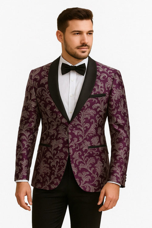 Purple & white paisley floral brocade tuxedo jacket. Slim-fit, peak lapel, single-breasted. Features bold pattern, black satin collar & trims, and tailored fit for a sleek silhouette.