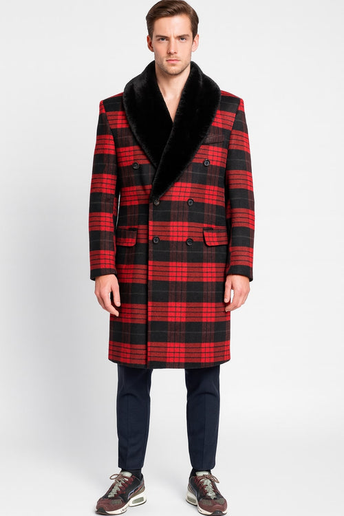 Men's red/black plaid wool overcoat. Double-breasted, black faux fur shawl collar, long sleeves, thigh-length. Large plaid pattern: alternating red and black. Two front pockets. Structured design.