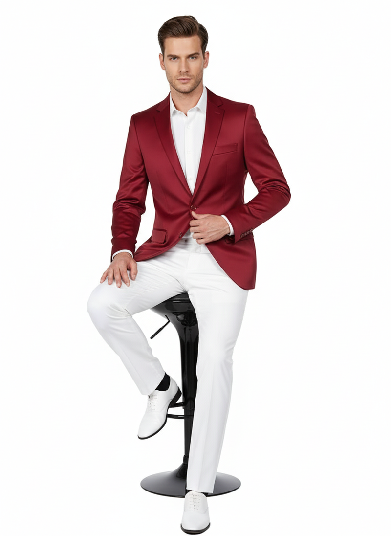Burgundy satin slim fit blazer for men. Tailored silhouette, single-button closure, notch lapels, and a smooth maroon wine texture.
