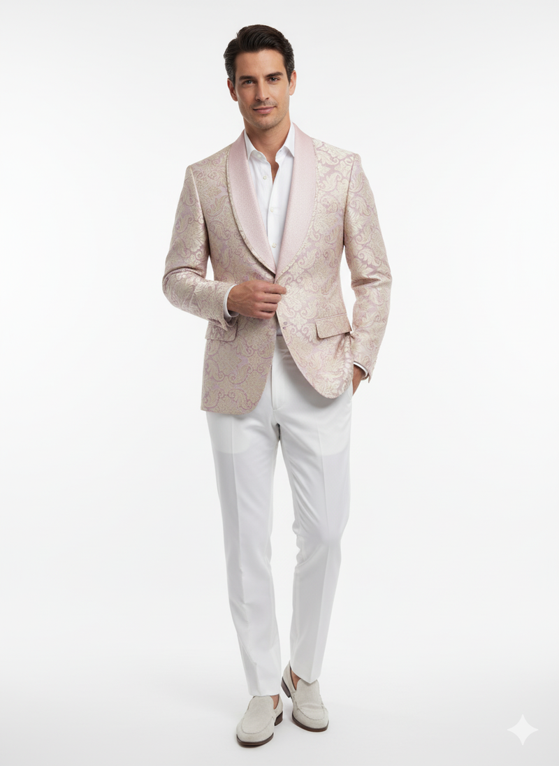 Men's lavender & gold tuxedo with a tailored fit. Embroidered lilac mauve blazer featuring a floral pattern, shawl collar, and shiny material.