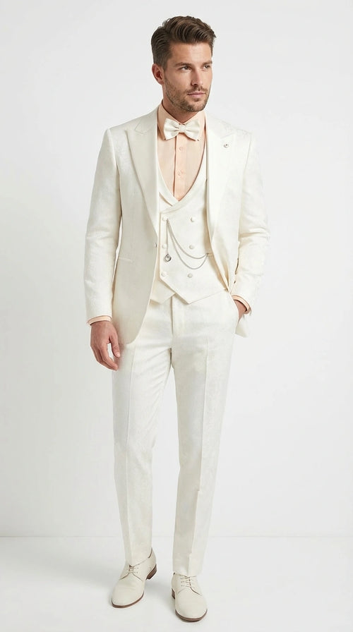 Vinci Men’s Ivory Three Piece Suit – Ivory 3PC Formal Wedding Suit for Groom, Prom and Black Tie Events