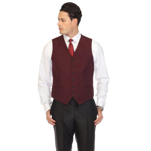 Burgundy vest featuring a fitted shape with a v-neckline. It has a five-button front closure and a single pocket on the left side. The fabric appears to be a smooth textile, suitable for both casual and formal wear.