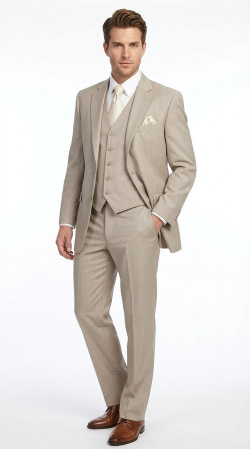Men’s Tan Pinstripe Three Piece Suit – Classic Fit Pleated Pants Tan Sand Beige Wedding, Church Shadow Ton on Tone Business Suit for Men