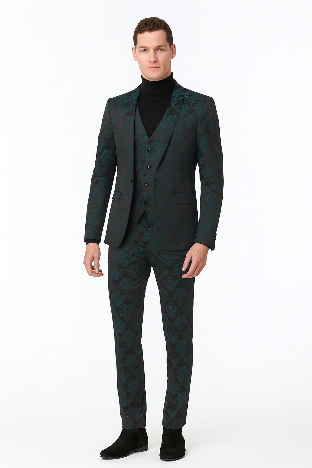Mens Emerald Green Floral Jacquard 3-Piece Tuxedo Suits Slim Fit Formal Set with Blazer, Vest, and Pants Paisley Fabric - Ultra slim fitted | Alberto Nardoni Mens Emerald Green Floral Jacquard 3-Piece Tuxedo Suits Slim Fit Formal Set with Blazer, Vest, and Pants Paisley Fabric - Ultra slim fitted | Alberto Nardoni