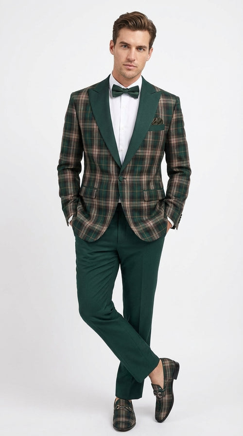 Mens Tartan Green and Brown Blue Plaid Tuxedo Dinner Jacket Set – Checkered Prom Blazer with Dark Green Pants Formal Wedding Party Wear