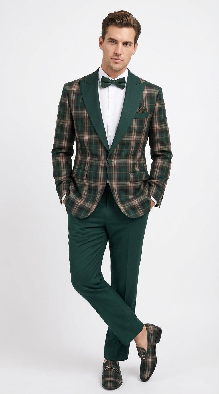 Mens Tartan Green and Brown Blue Plaid Tuxedo Dinner Jacket Set – Checkered Prom Blazer with Dark Green Pants Formal Wedding Party Wear