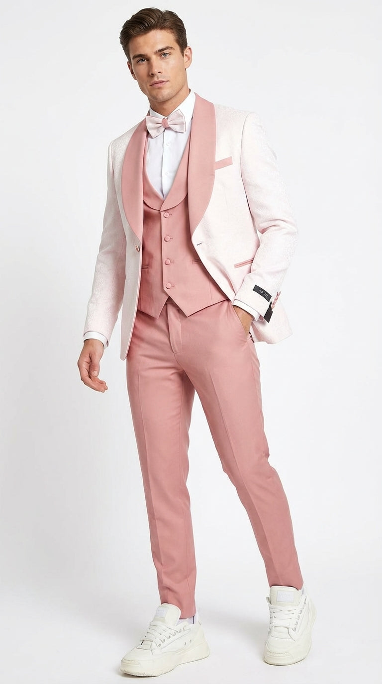 Men’s Cream and Rose Pink Prom Suit – Cream Tuxedo Jacket with Rose Pink Pants and Shawl Lapel Formal Suit for Prom and Wedding