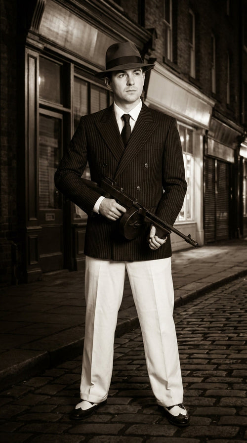 Men’s Black Pinstripe Blazer with White Pants 1920s Gangster Mob Boss Style Suit – Double Breasted Vintage Formal Jacket, Classic Party Costume Wear