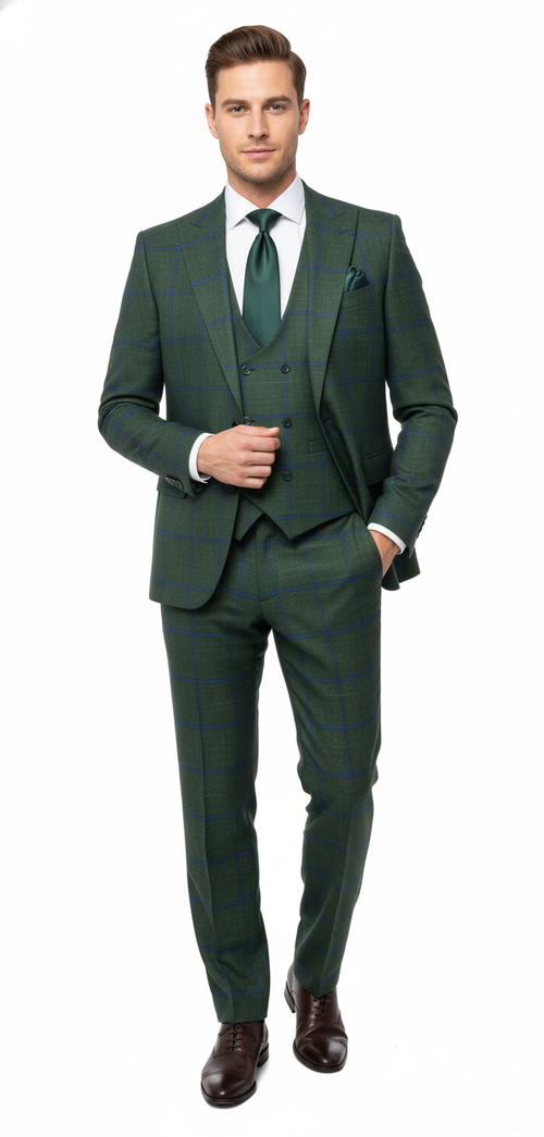 Men's dark green plaid 3-piece suit with blue accents. Features a modern, slim fit. Includes jacket with lapels, matching waistcoat, and tailored trousers. Classic check pattern.