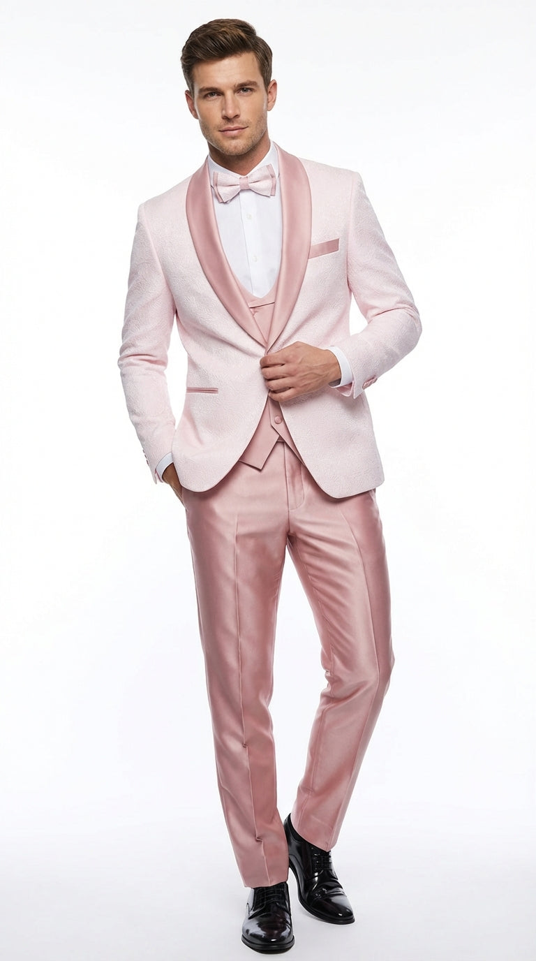 Men's Light Pink 3 Piece Tuxedo Suit Set | Shawl Lapel Formal Wedding Prom Dinner Suit in Rose Gold Color