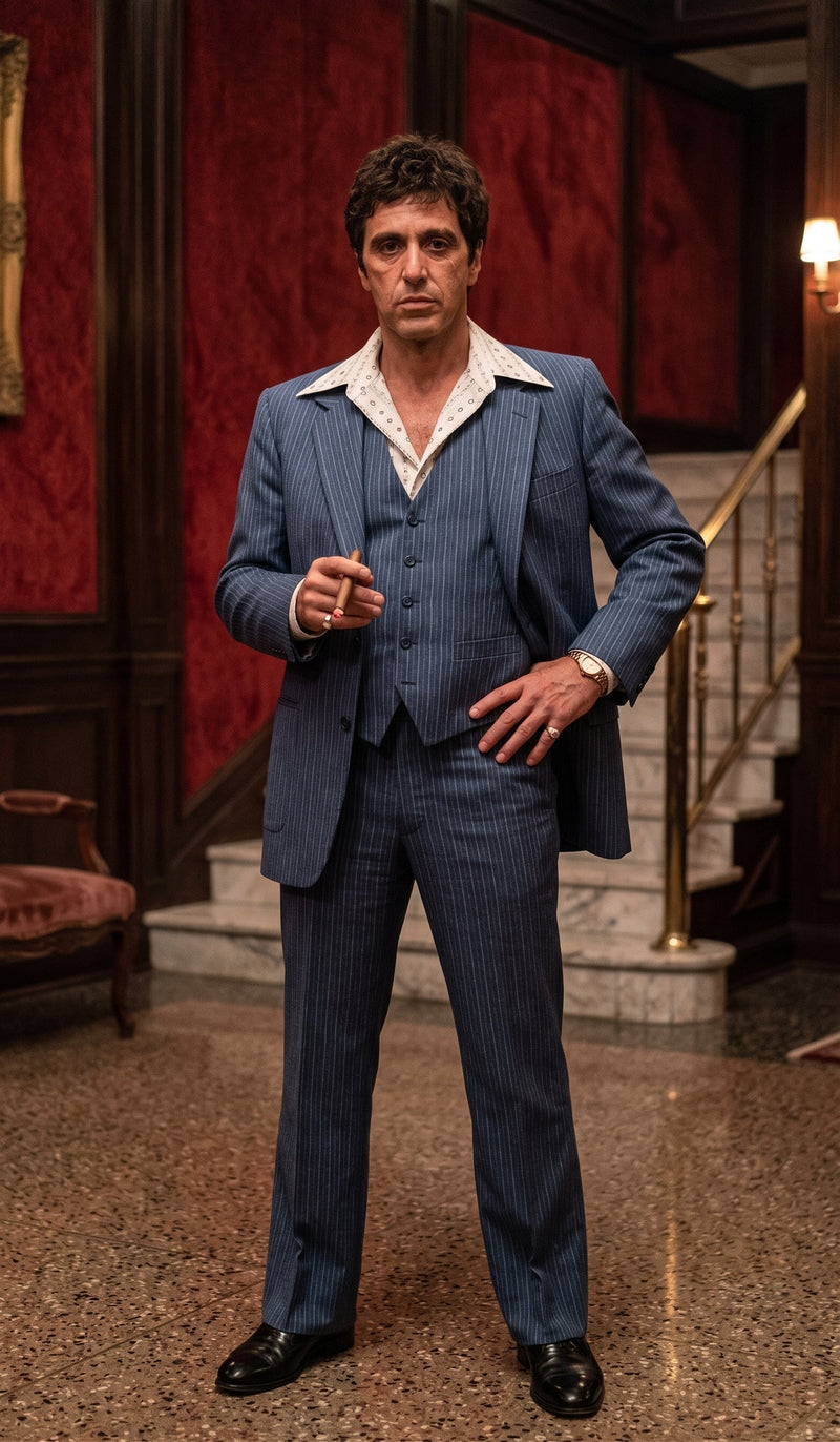 Tony Montana’s Blue Pinstripe 3 Piece Suit – Men’s Vintage Blue Striped Suit for Wedding, Prom and Classic Formal Wear