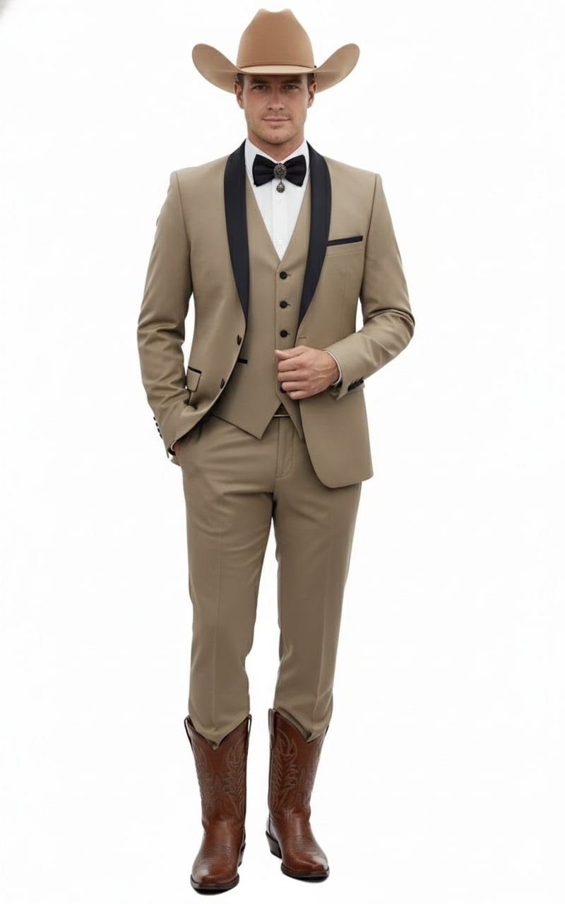 Tan three-piece cowboy suit: fitted blazer with black lapel, matching vest, beige pants. Brown leather cowboy boots with decorative stitching.