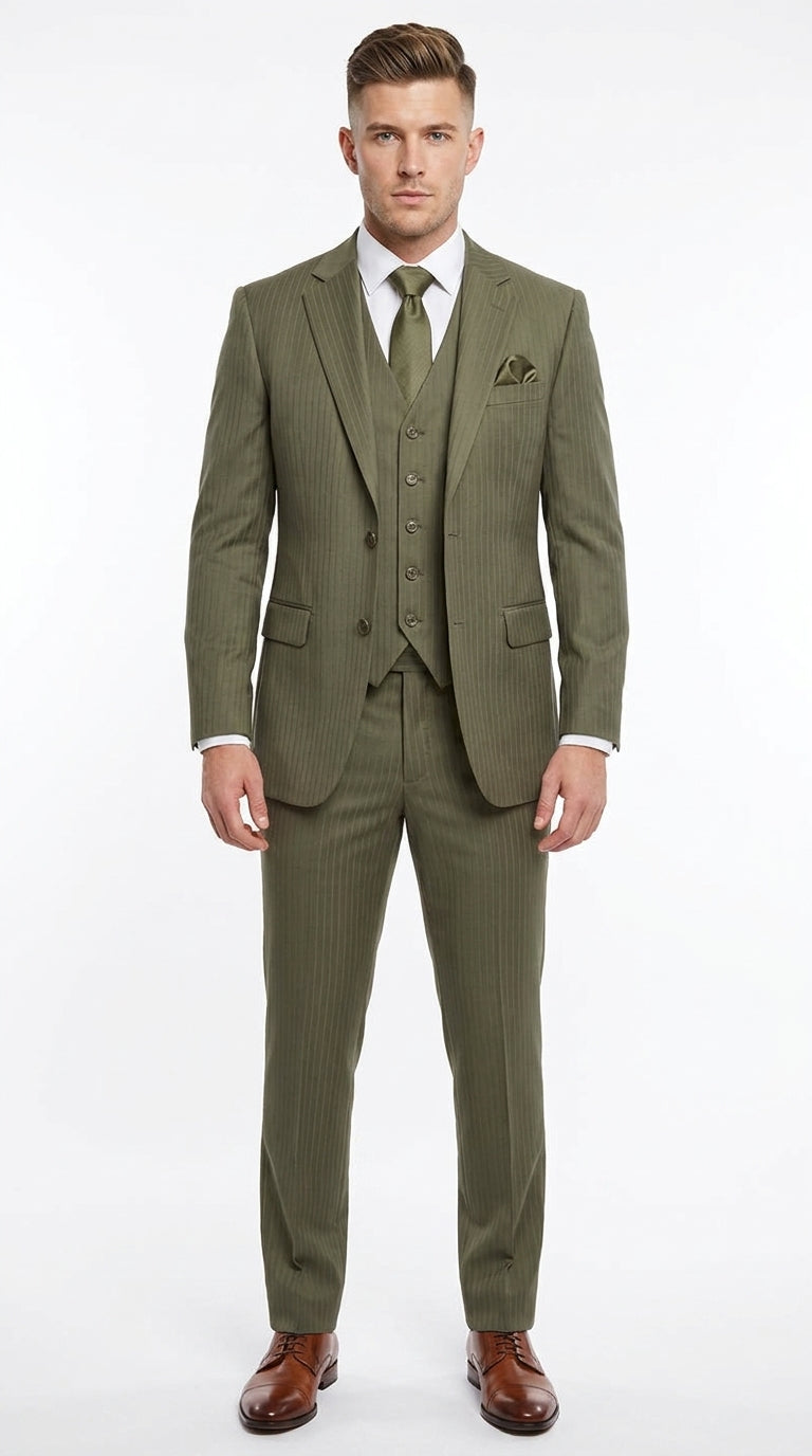 Men’s Olive Green Tone-on-Tone Shadow Pinstripe 3 Piece Suit – Modern Formal Suit with Vest Shadow Stripe