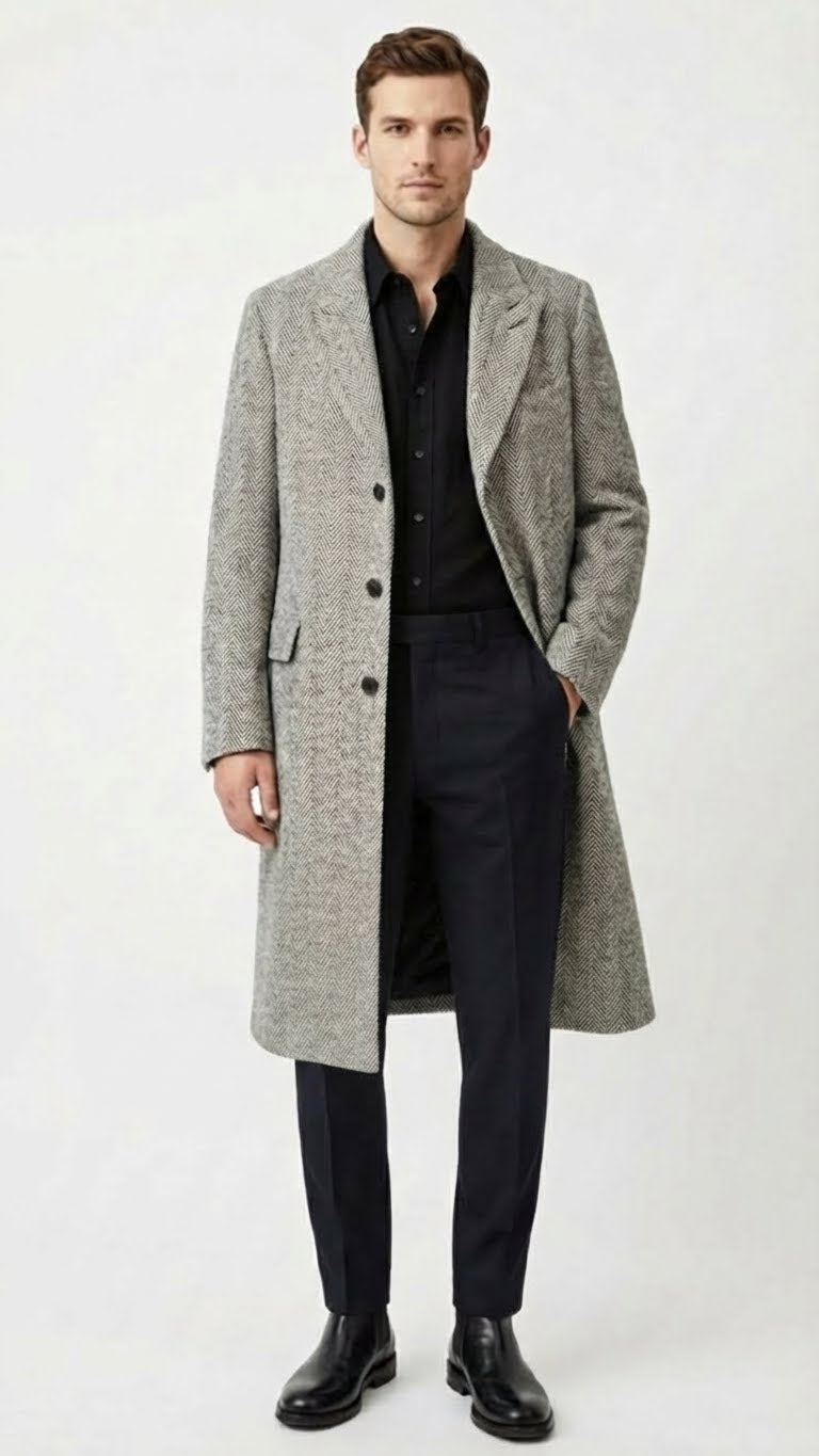 Alberto Nardoni men's grey herringbone overcoat: tailored silhouette, mid-length, structured shoulders, single-breasted. Features herringbone pattern, side pockets, back vent. Formal look, paired with dark trousers and boots.