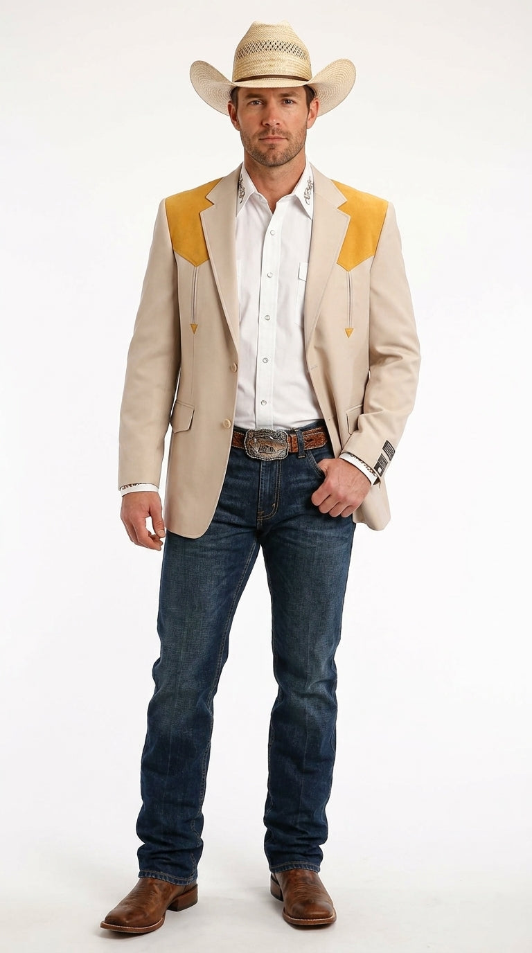 Men's Beige and Gold Western Cowboy Blazer – Classic Western Style Jacket,  Vintage Country Dress in Bone Color