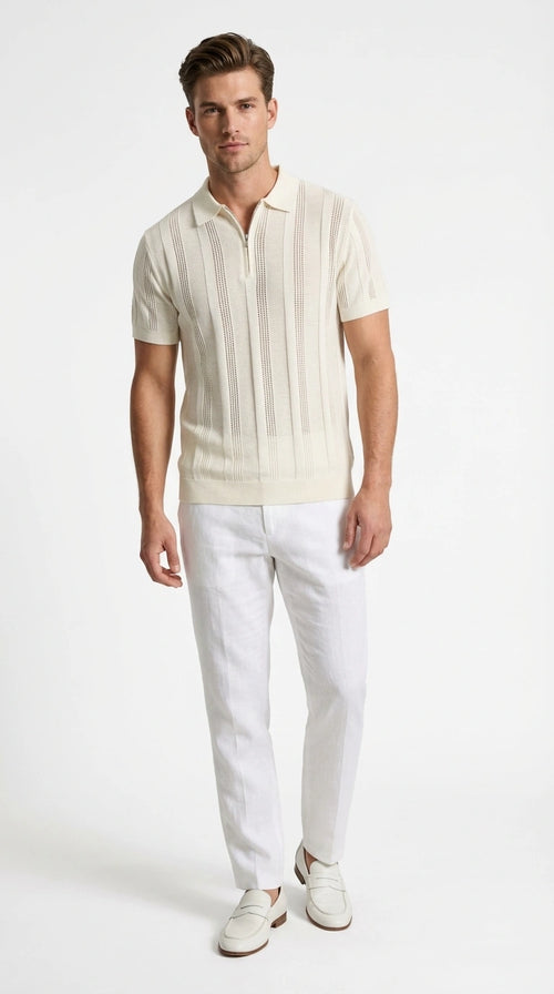 Mens Cream Ivory Off White Knit Walking Suit Set – Lightweight Short Sleeve Shirt and Pants Outfit for Summer, Vacation and Casual Style