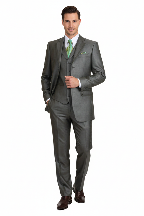 Olive green, classic fit three-piece suit with vest and tie. Pleated pants, three-button closure, and smooth fabric.