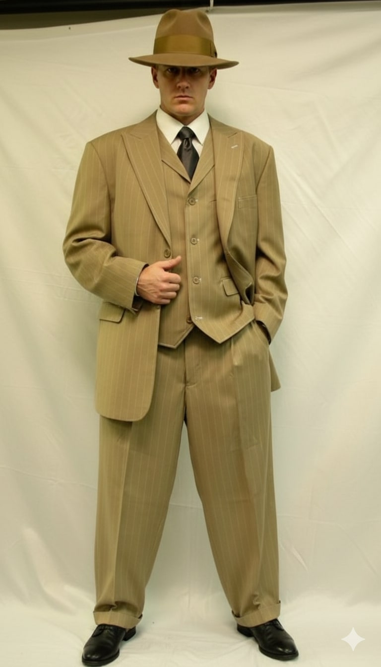 Men's tan pinstripe zoot suit: 3-piece with wide-leg pants. Light tan fabric, vertical stripes. Tailored jacket, lapel, 3-button closure, matching vest. Loose-fitting pants, tapered ankles. Includes wide-brimmed hat.