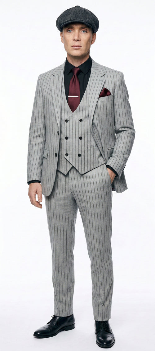 Men's Light Gray Pinstripe 3 Piece Suit – Peaky Blinders Inspired Vintage Gangster Style Formal Suit