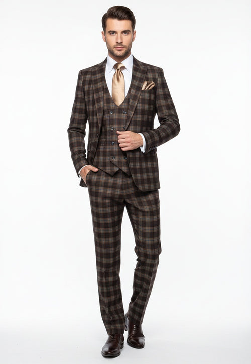 Men’s Brown Plaid Windowpane Three-Piece Suit Set – Classic Slim Fit Jacket, Double-Breasted Vest and Modern Fit Pants By Rossiman