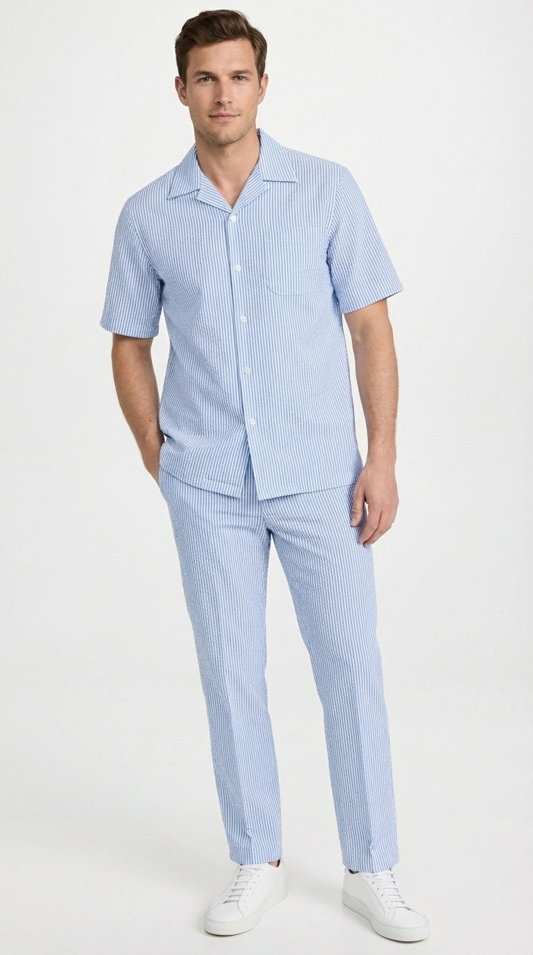 ens Light Blue Seersucker Walking Suit Set – Casual Summer Short Sleeve Outfit with Matching Pants Lightweight Two Piece Outfit