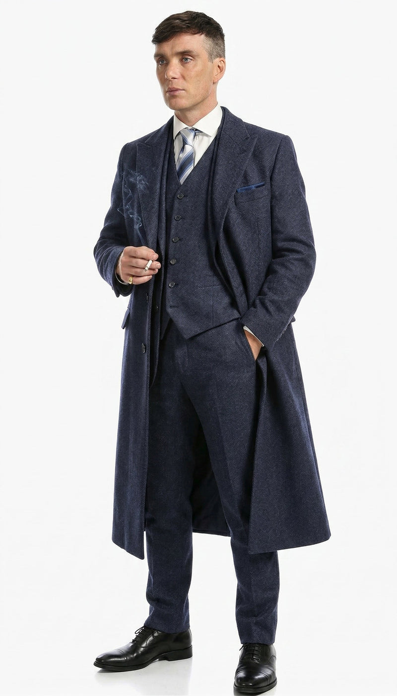 Men’s Navy Blue Herringbone Tweed 1920s 3 Piece Suit with Overcoat – Vintage Peaky Blinder Style Formal Suit Set with Blazer, Waistcoat + Overcoat + Hat