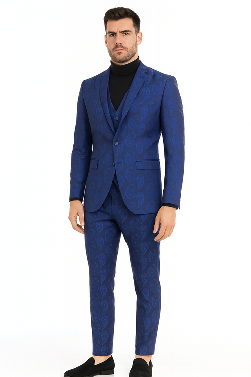 Men’s Sapphire Blue Paisley 3-Piece Suit – Slim Fit Designer Tuxedo Set for Weddings and Formal Events in Cobalt Blue Color