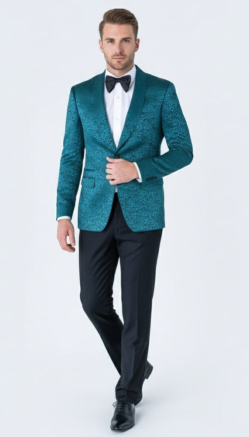 Teal blue paisley tuxedo jacket. Elegant shawl lapel and structured design. Smooth, reflective fabric with a textured pattern for a formal look.