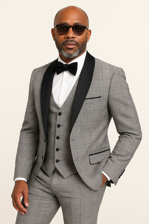 Men's Black and White Plaid Tuxedo – 3 Piece Suit with Black Velvet Shawl Lapel - Gray Glein Tartan Pattern Wedding Suit
