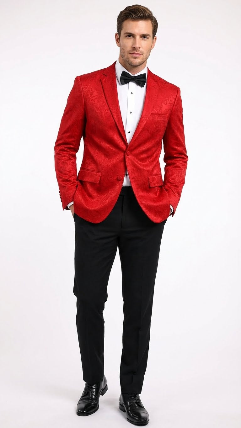 Men's red paisley velvet blazer. Tailored fit, two-button front, notched lapels, and side pockets. Luxurious tonal paisley pattern.