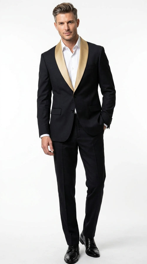 Men’s Black Suit with Gold Lapel – Luxury Formal Tuxedo Style Suit for Wedding, Prom, Party and Evening Wear