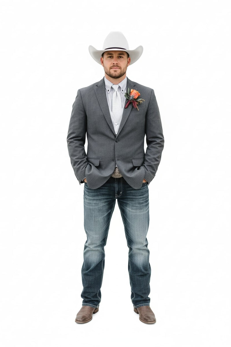Men's gray Western blazer. Tailored fit, smooth fabric, single-breasted with notch lapels. Includes two front pockets. Worn over a button-up shirt.
