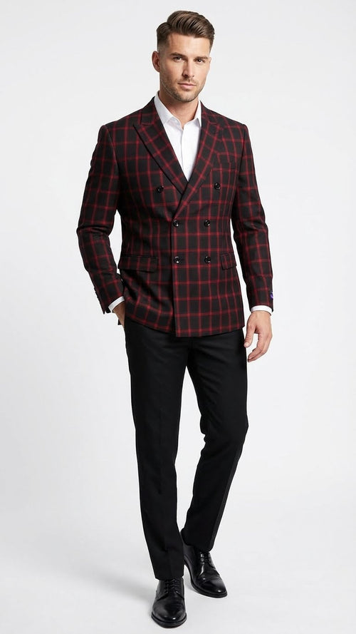 Men’s black and red check double-breasted blazer featuring a structured fit, a notched lapel, black buttons, and two front pockets on a patterned fabric.
