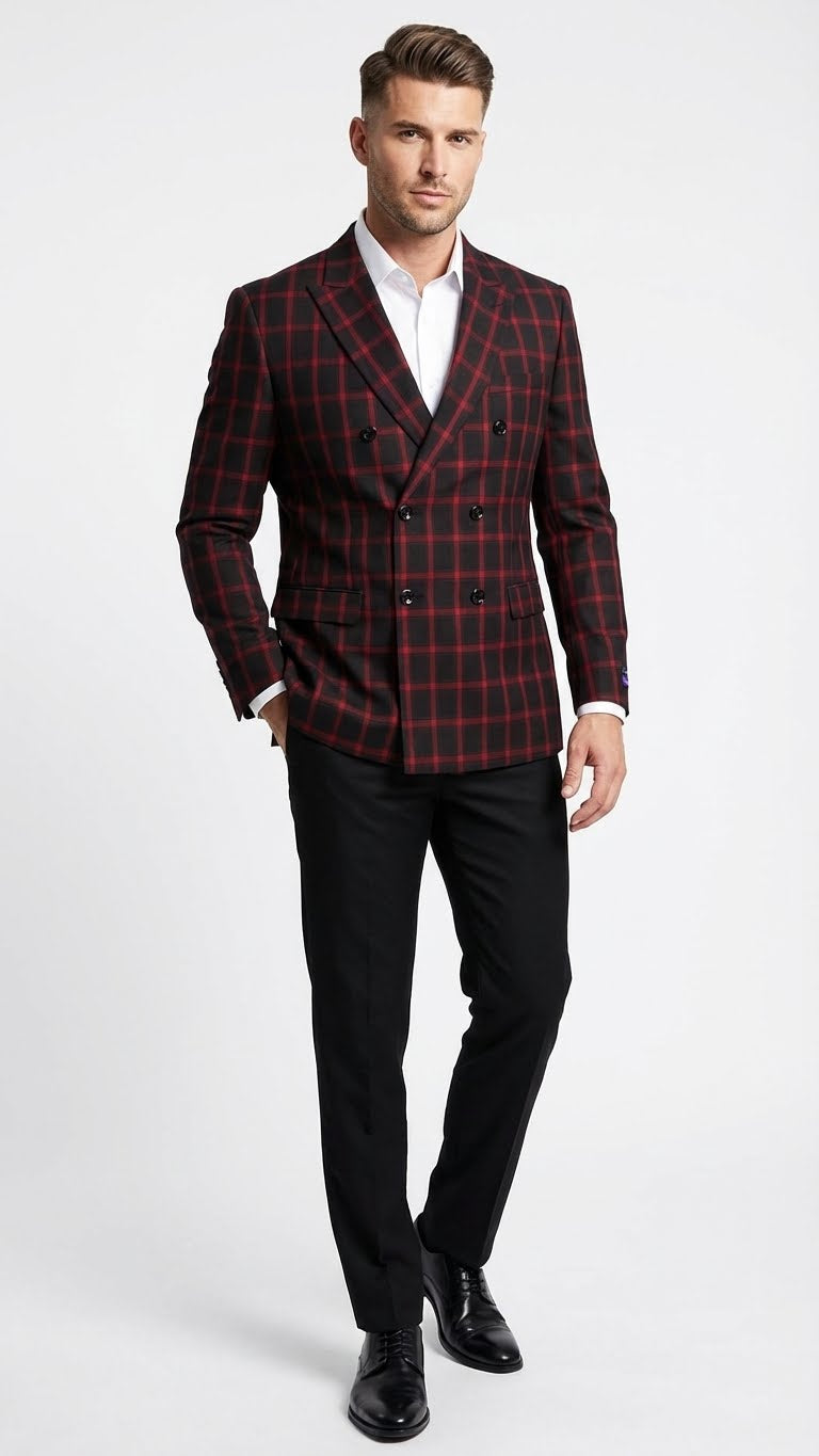 Men’s black and red check double-breasted blazer featuring a structured fit, a notched lapel, black buttons, and two front pockets on a patterned fabric.