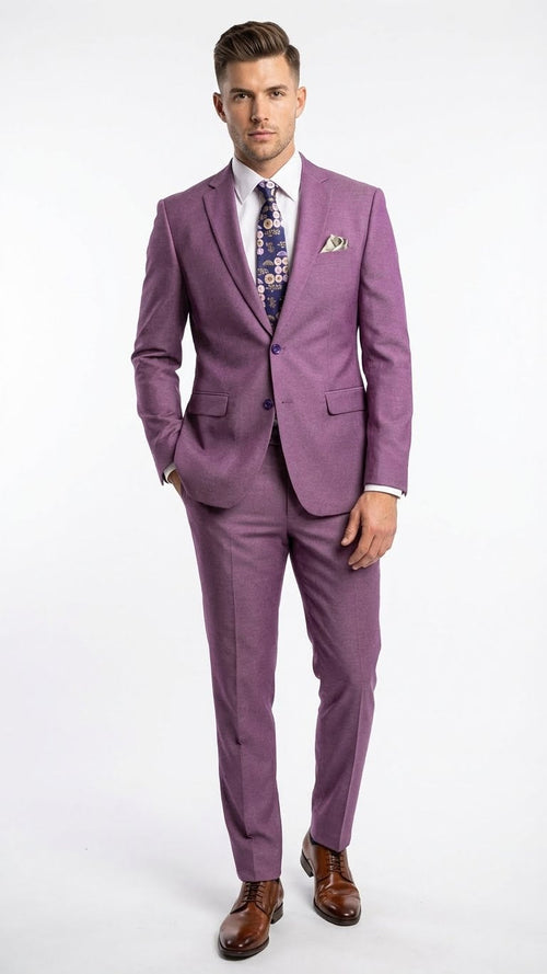 Mauve men's suit blazer and jacket. Fitted, single-breasted design. Two front pockets, button closure. Smooth fabric with subtle texture. Uniform light purple color.