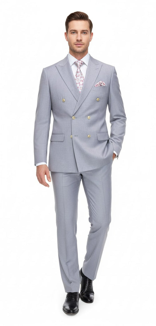 Men's silver-grey 3-piece suit. Double-breasted jacket with matching trousers and waistcoat. Fine texture, sharp tailoring.