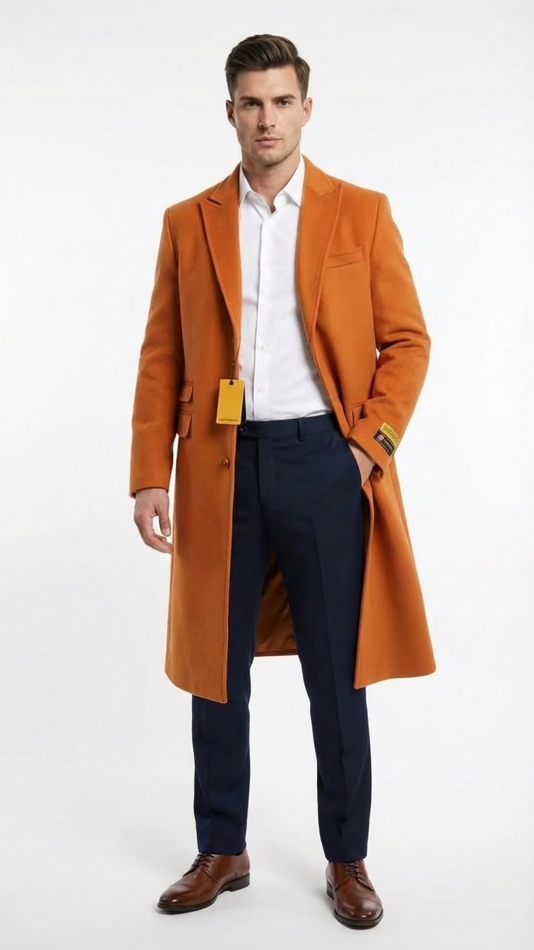 Men’s Orange - Rust Wool Blend Long Overcoat – Topcoat Carcoat Topcoat