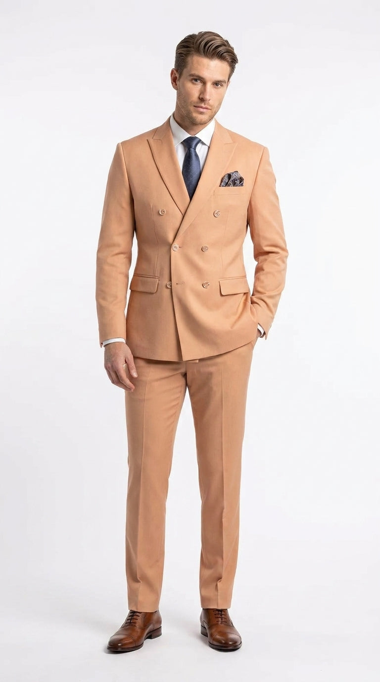 Men’s Peach Double Breasted Suit – Wedding & Prom Formal Suit Set, Classic Blazer and Pants Slim Fitted