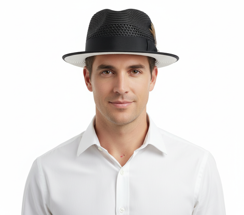 Menâs Two-Tone Black and White Fedora Hat with Feather Accent â Stylish Summer Dress Hat