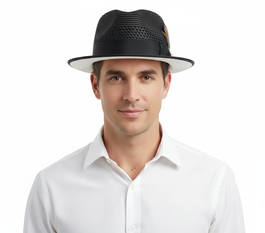 Menâs Two-Tone Black and White Fedora Hat with Feather Accent â Stylish Summer Dress Hat