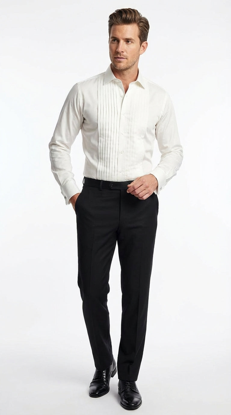 Men's Ivory Cream Off White Pleated Tuxedo Dress Shirt | French Cuff Formal Wedding Shirt | Alberto Nardoni Men's Ivory Cream Off White Pleated Tuxedo Dress Shirt | French Cuff Formal Wedding Shirt | Alberto Nardoni