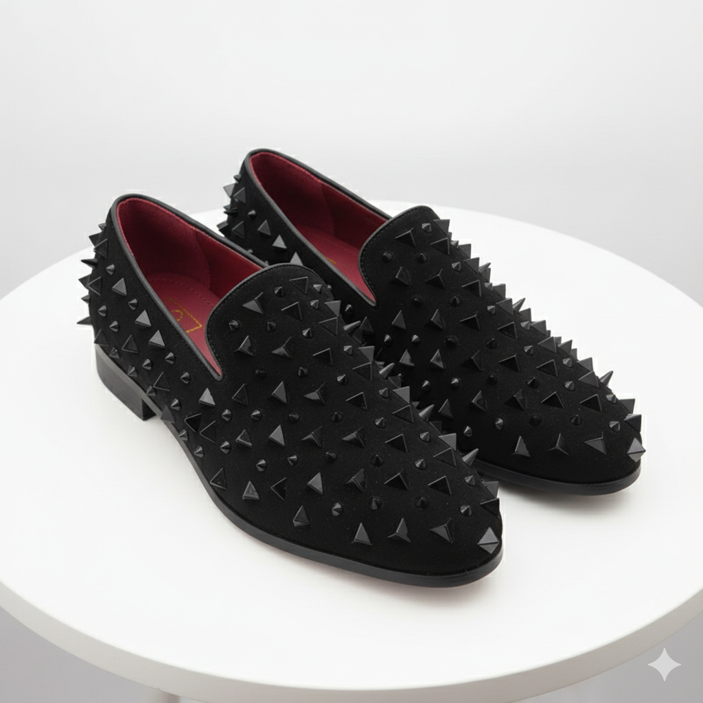 Men’s Black Studded Loafers – Sparko 09 Luxury Slip-On Dress Shoes with Spikes for Party, Prom, and Formal Events